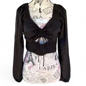 American Eagle Black Corset Keyhole Crop Top – Long Sleeve